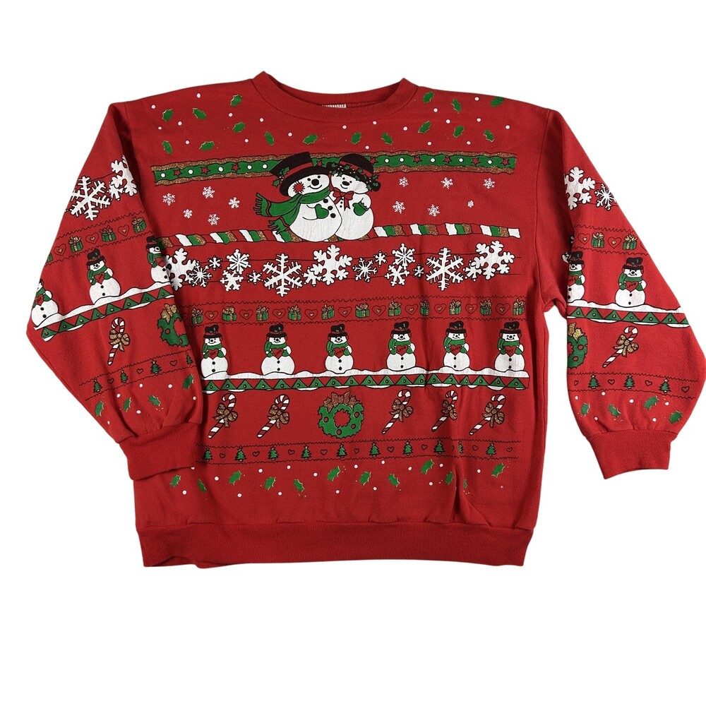 Vtg Holiday Time Sweater Womens Large Snowman Ugly Christmas Fleece Pullover 90s